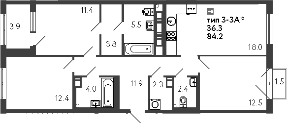 Планировка — Струны, 4-комн., 84 м²