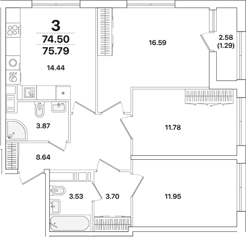Планировка — Академик, 3-комн., 75 м²