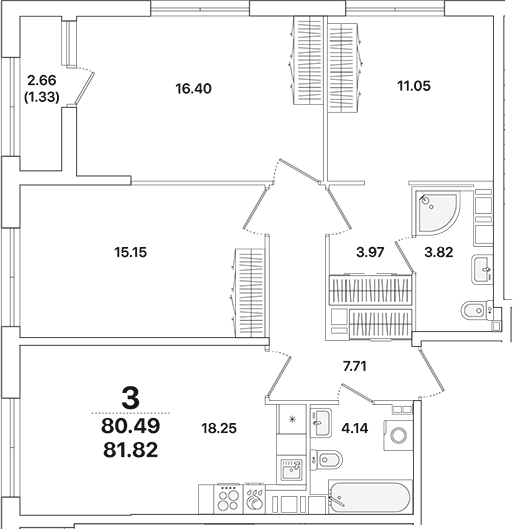 Планировка — Академик, 4-комн., 80 м²
