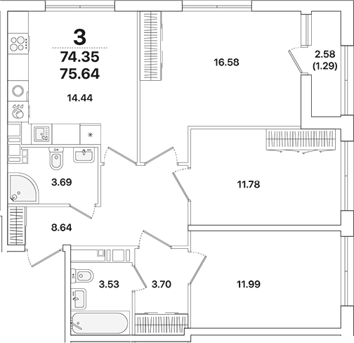 Планировка — Академик, 3-комн., 74 м²