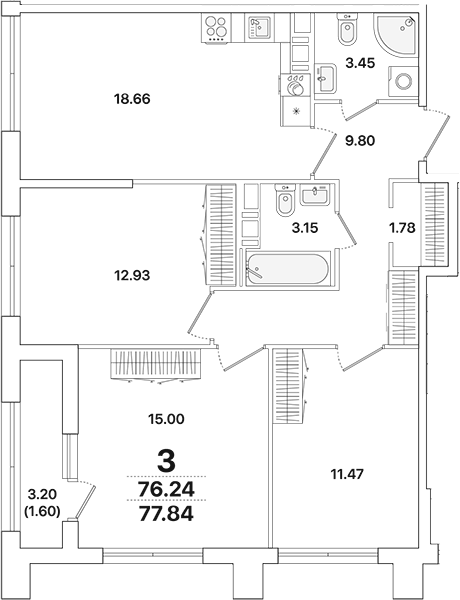 Планировка — Академик, 4-комн., 76 м²