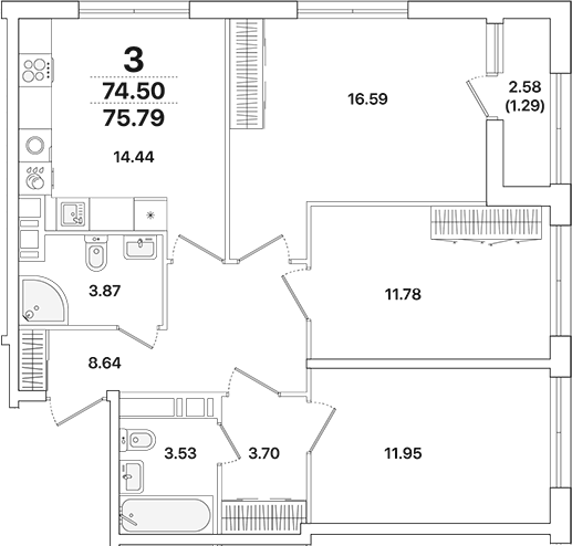 Планировка — Академик, 3-комн., 75 м²