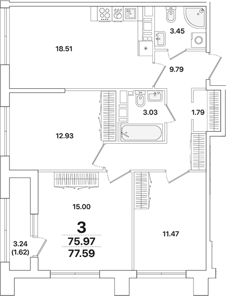 Планировка — Академик, 4-комн., 76 м²