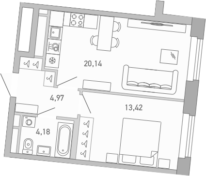 Планировка — Министр, 1-комн., 43 м²