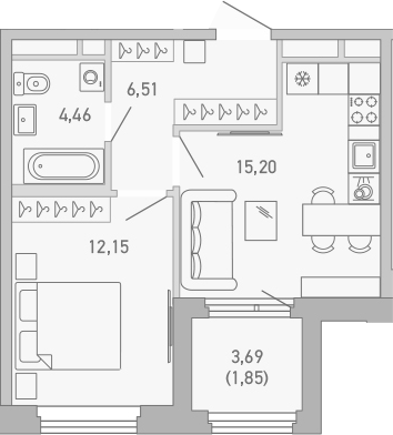 Планировка — Министр, 1-комн., 38 м²
