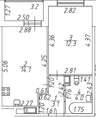 Планировка — Полис ЛАВрики, 2-комн., 34 м²