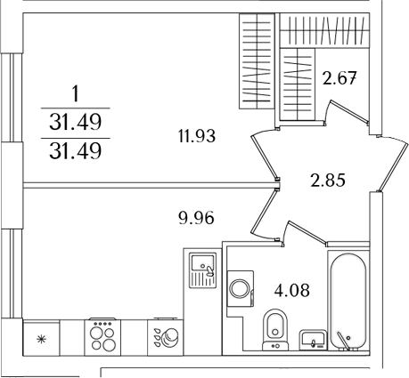 Планировка — Кинопарк, 1-комн., 31 м²