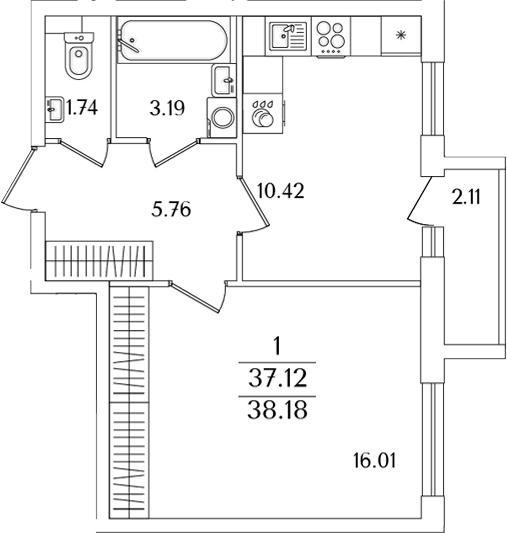 Планировка — Кинопарк, 1-комн., 37 м²
