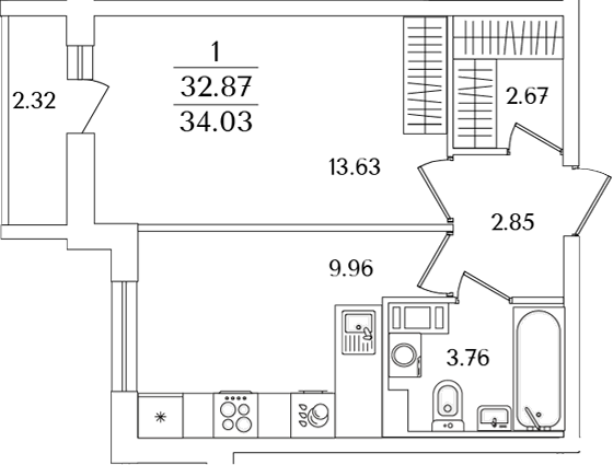 Планировка — Кинопарк, 1-комн., 33 м²