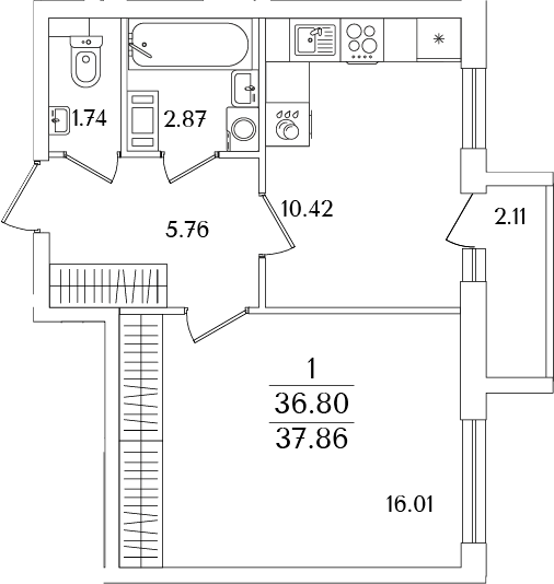 Планировка — Кинопарк, 1-комн., 37 м²