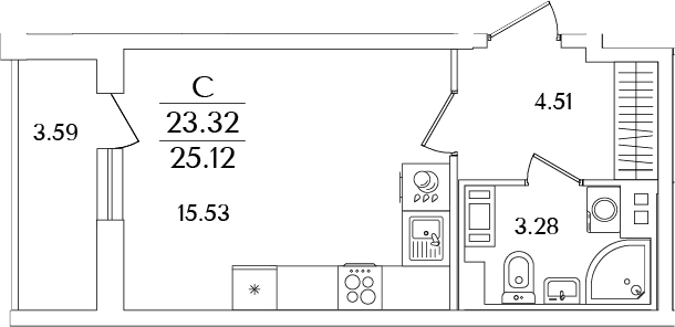 Планировка — Кинопарк, Студия, 23 м²