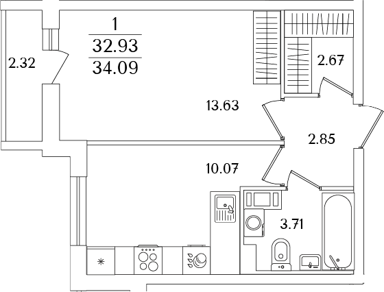 Планировка — Кинопарк, 1-комн., 33 м²