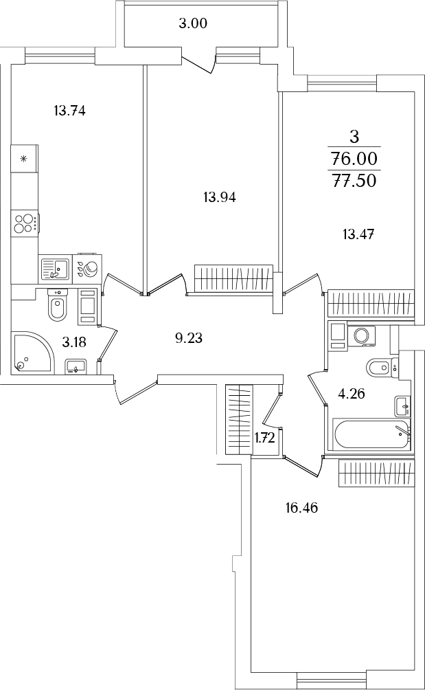 Планировка — Кинопарк, 3-комн., 76 м²
