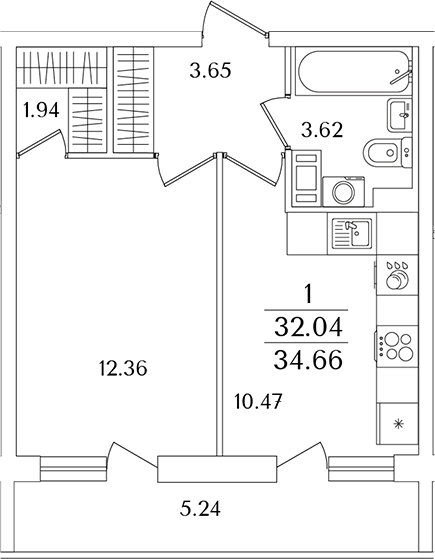 Планировка — Кинопарк, 1-комн., 32 м²