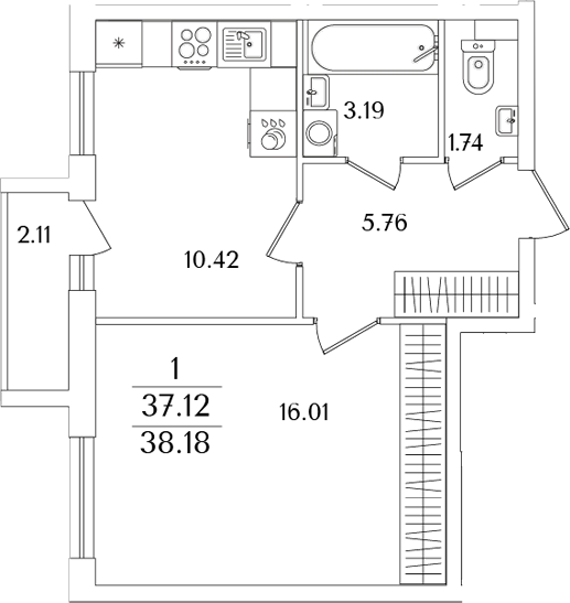 Планировка — Кинопарк, 1-комн., 37 м²