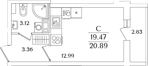 Планировка — Кинопарк, Студия, 19 м²