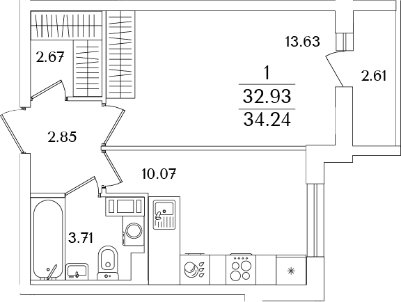 Планировка — Кинопарк, 1-комн., 33 м²