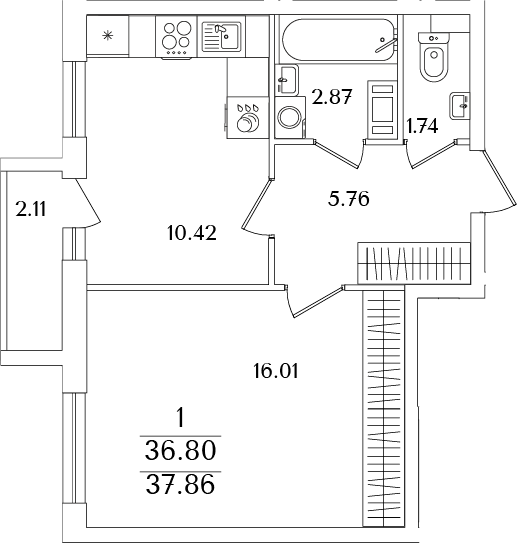 Планировка — Кинопарк, 1-комн., 37 м²