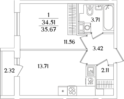 Планировка — Кинопарк, 2-комн., 35 м²