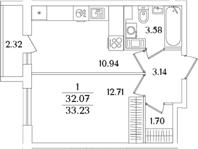 Планировка — Кинопарк, 1-комн., 32 м²