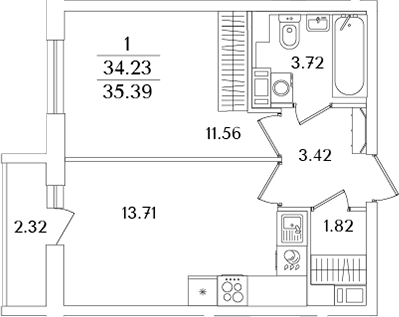 Планировка — Кинопарк, 2-комн., 34 м²