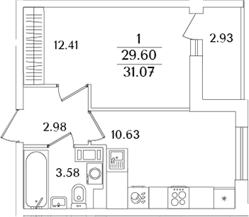 Планировка — Кинопарк, 1-комн., 30 м²