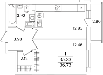 Планировка — Кинопарк, 2-комн., 35 м²