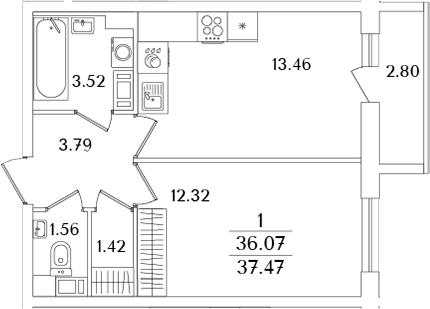 Планировка — Кинопарк, 2-комн., 36 м²