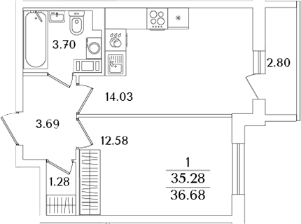 Планировка — Кинопарк, 2-комн., 35 м²