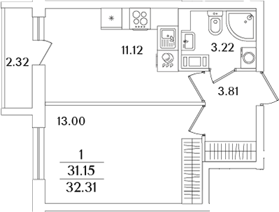 Планировка — Кинопарк, 1-комн., 31 м²