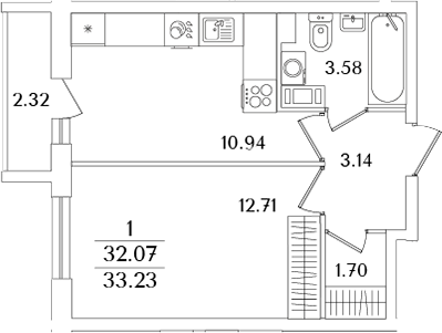 Планировка — Кинопарк, 1-комн., 32 м²
