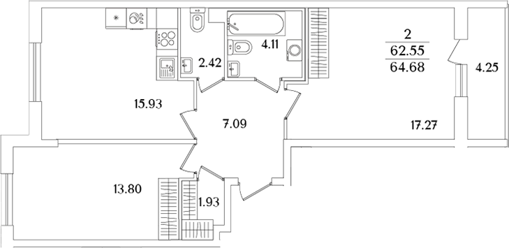 Планировка — Кинопарк, 2-комн., 63 м²