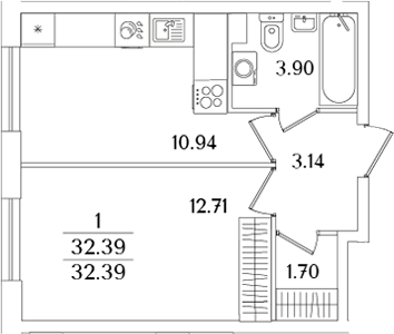 Планировка — Кинопарк, 1-комн., 32 м²
