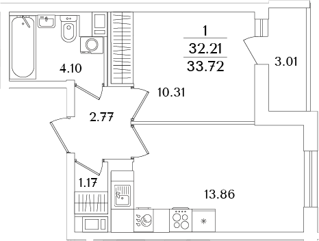 Планировка — Кинопарк, 2-комн., 32 м²