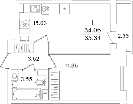 Планировка — Кинопарк, 2-комн., 34 м²