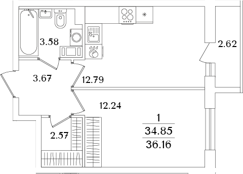 Планировка — Кинопарк, 2-комн., 35 м²