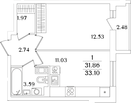 Планировка — Кинопарк, 1-комн., 32 м²