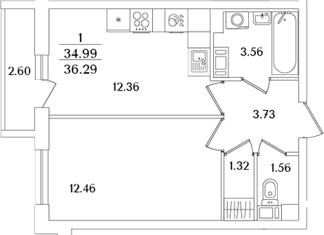 Планировка — Кинопарк, 1-комн., 35 м²