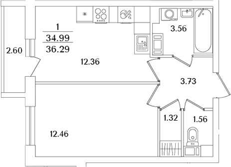 Планировка — Кинопарк, 1-комн., 35 м²