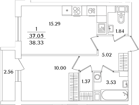 Планировка — Кинопарк, 2-комн., 37 м²