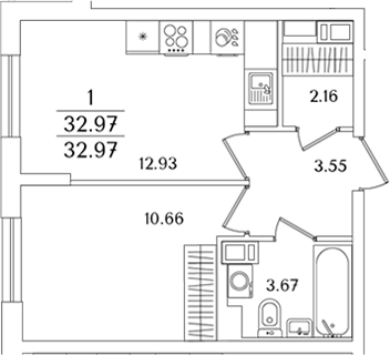 Планировка — Кинопарк, 2-комн., 33 м²
