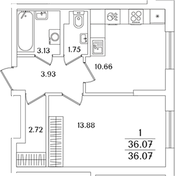 Планировка — Кинопарк, 1-комн., 36 м²
