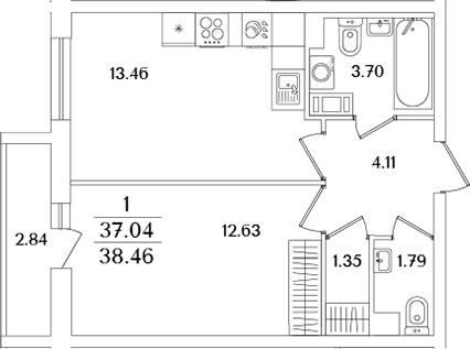 Планировка — Кинопарк, 2-комн., 37 м²