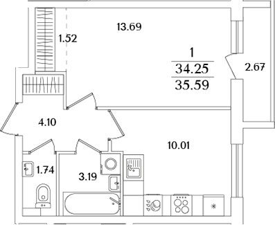 Планировка — Кинопарк, 1-комн., 34 м²
