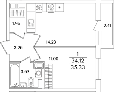 Планировка — Кинопарк, 2-комн., 34 м²