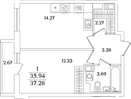 Планировка — Кинопарк, 2-комн., 36 м²