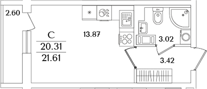 Планировка — Кинопарк, Студия, 20 м²