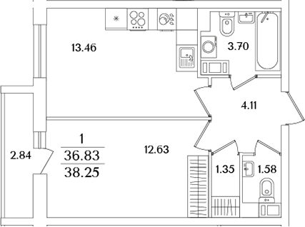 Планировка — Кинопарк, 2-комн., 37 м²