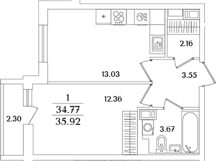 Планировка — Кинопарк, 2-комн., 35 м²