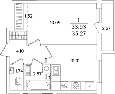 Планировка — Кинопарк, 1-комн., 34 м²
